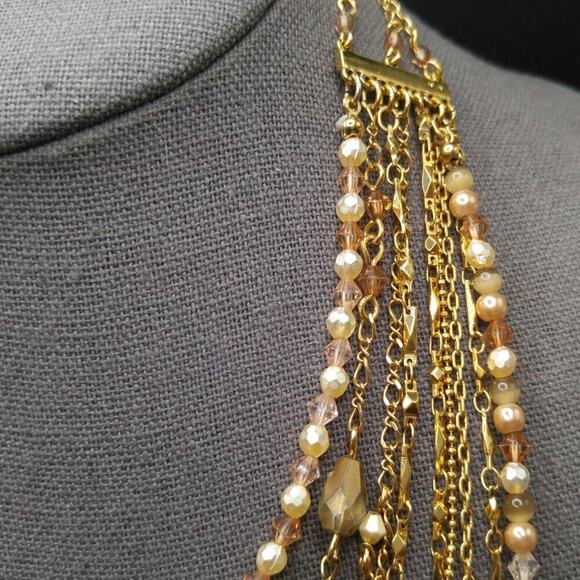Multistrand Topaz Faux Pearl Gold Necklace, 9 Strands, Layering, 16 Inches - Picture 4 of 13